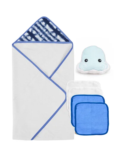6-Pieces Baby Bath Towel &amp; Washcloth Set with Hooded Microfiber Towel, Cotton Face Towels &amp; Soft Sponge 