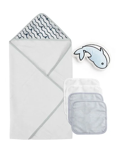 6-Pieces Baby Bath Towel &amp; Washcloth Set with Hooded Microfiber Towel, Cotton Face Towels &amp; Soft Sponge 