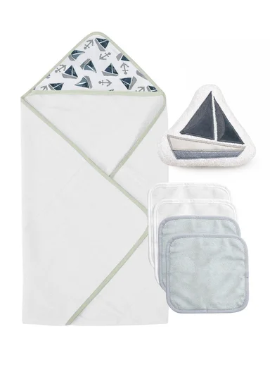 6-Pieces Baby Bath Towel &amp; Washcloth Set with Hooded Microfiber Towel, Cotton Face Towels &amp; Soft Sponge 