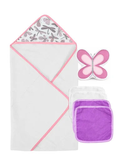 6-Pieces Baby Bath Towel &amp; Washcloth Set with Hooded Microfiber Towel, Cotton Face Towels &amp; Soft Sponge 