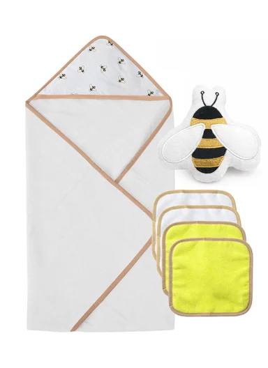 6-Pieces Baby Bath Towel &amp; Washcloth Set with Hooded Microfiber Towel, Cotton Face Towels &amp; Soft Sponge 