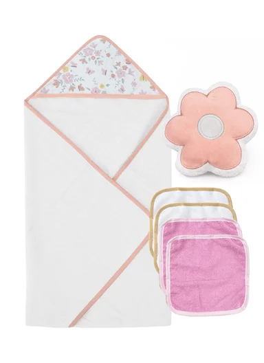 6-Pieces Baby Bath Towel &amp; Washcloth Set with Hooded Microfiber Towel, Cotton Face Towels &amp; Soft Sponge 