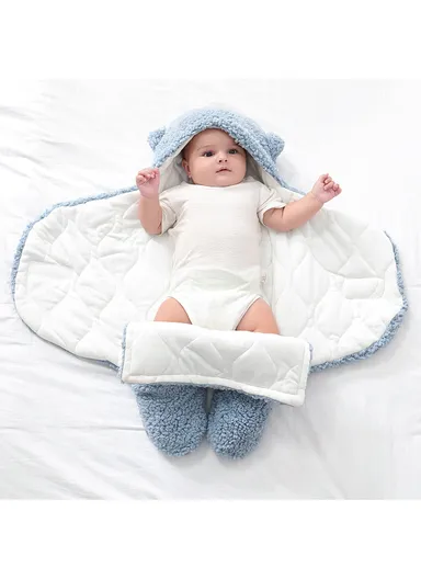 0–3 Months Thickened Baby Sleeping Bag with Bear Ears, Soft Infant Swaddle Blanket (L57 × W28)cm - Blue