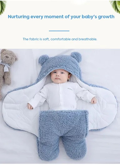 0–3 Months Thickened Baby Sleeping Bag with Bear Ears, Soft Infant Swaddle Blanket (L57 × W28)cm - Blue