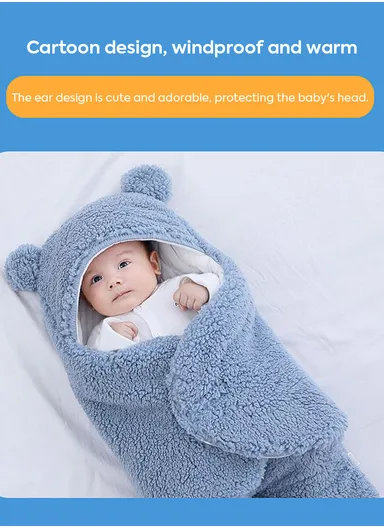 0–3 Months Thickened Baby Sleeping Bag with Bear Ears, Soft Infant Swaddle Blanket (L57 × W28)cm - Blue