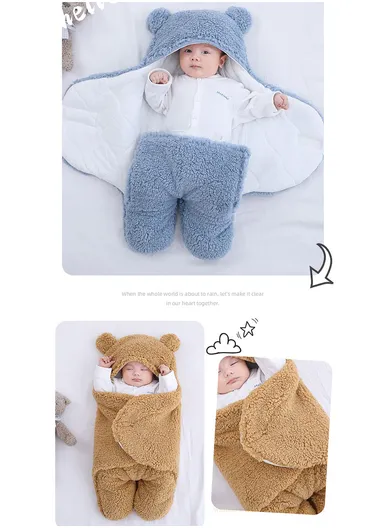 0–3 Months Thickened Baby Sleeping Bag with Bear Ears, Soft Infant Swaddle Blanket (L57 × W28)cm - Blue