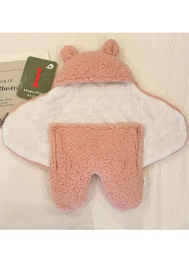 0–3 Months Thickened Baby Sleeping Bag with Bear Ears, Soft Infant Swaddle Blanket (L57 × W28)cm - Pink