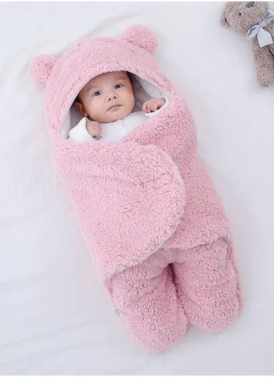 3–6 Months Thickened Baby Sleeping Bag with Bear Ears, Soft Infant Swaddle Blanket (L63 × W34)cm – Pink