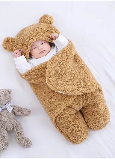 3–6 Months Thickened Baby Sleeping Bag with Bear Ears, Soft Infant Swaddle Blanket (L63 × W34)cm – Brown