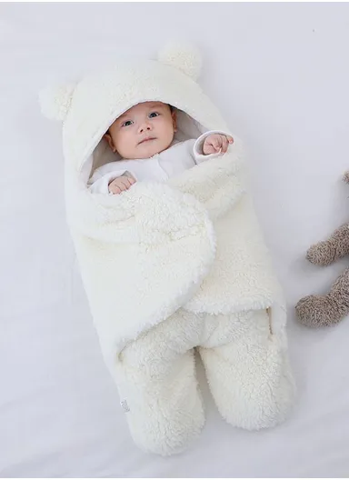 3–6 Months Thickened Baby Sleeping Bag with Bear Ears, Soft Infant Swaddle Blanket (L63 × W34)cm – White