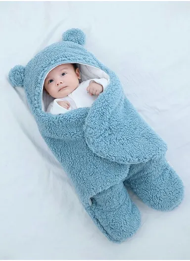 3–6 Months Thickened Baby Sleeping Bag with Bear Ears, Soft Infant Swaddle Blanket (L63 × W34)cm – Blue