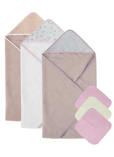6 Pcs 3+3 Baby Hooded Towel &amp; Face Towel Set, Ultra Soft &amp; Absorbent Towels, Quick-Dry, Lightweight &amp; Gentle for Newborns &amp; Toddlers - Rosy