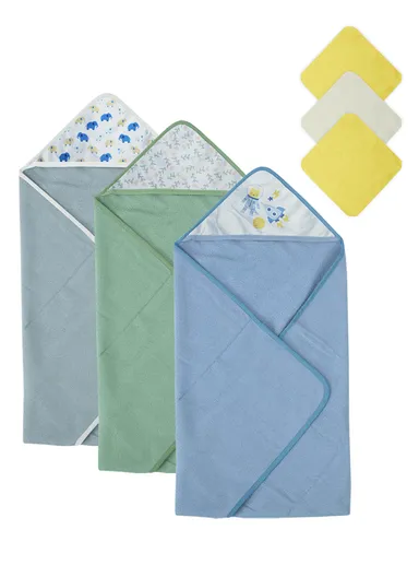6 Pcs 3+3 Baby Hooded Towel &amp; Face Towel Set, Ultra Soft &amp; Absorbent Towels, Quick-Dry, Lightweight &amp; Gentle for Newborns &amp; Toddlers - Mixed