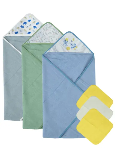 6 Pcs 3+3 Baby Hooded Towel &amp; Face Towel Set, Ultra Soft &amp; Absorbent Towels, Quick-Dry, Lightweight &amp; Gentle for Newborns &amp; Toddlers - Mixed