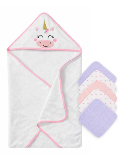 6 Pieces Baby Hooded Bath Towel Made from Soft Cotton with Washcloths Set