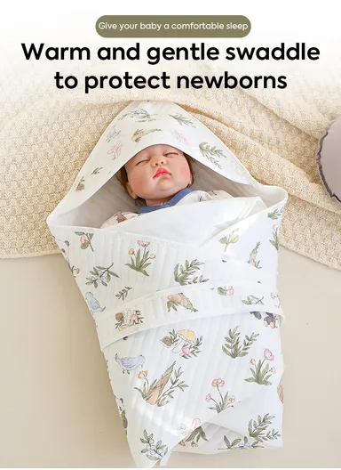 0–6 Months Cotton Baby Swaddle Blanket with Hood Soft, Breathable &amp; All-Season Newborn Wrap (L85 x W85)cm 