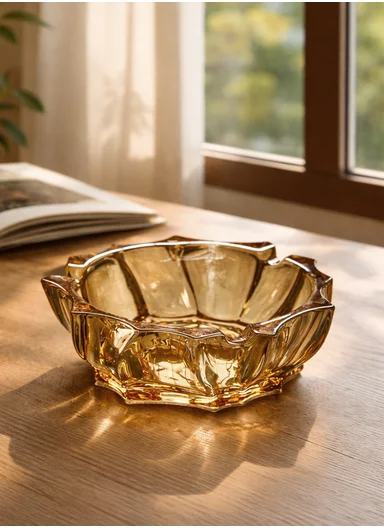 14cm Crystal Glass Ashtray With Faceted Design (D14 x H6)cm - Gold