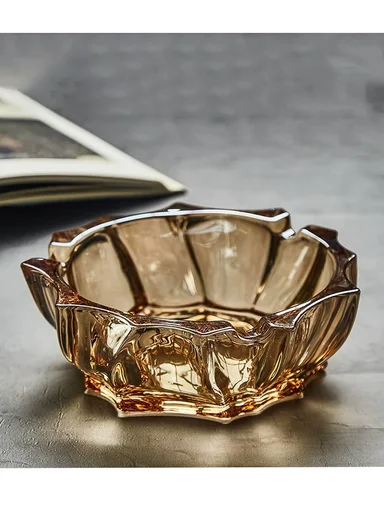 14cm Crystal Glass Ashtray With Faceted Design (D14 x H6)cm - Gold