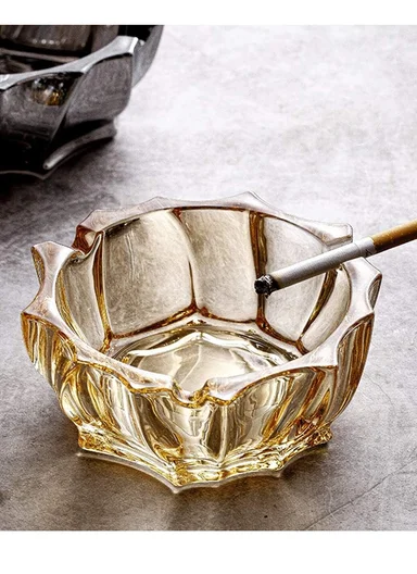 14cm Crystal Glass Ashtray With Faceted Design (D14 x H6)cm - Gold
