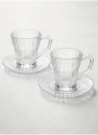 130ML 6Pcs Transparent Ribbed Glass Cups With Matching Saucer BD016 (D11 x H9)cm