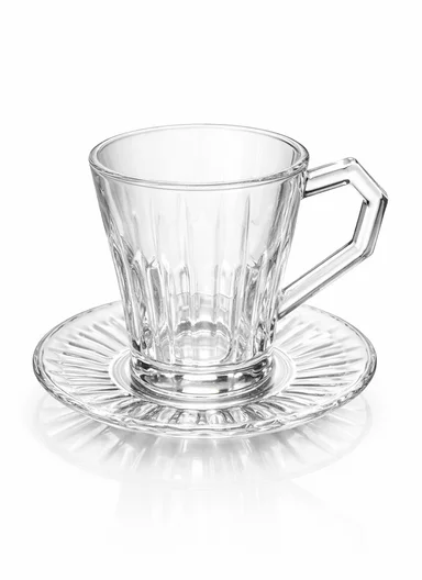 130ML 6Pcs Transparent Ribbed Glass Cups With Matching Saucer BD016 (D11 x H9)cm