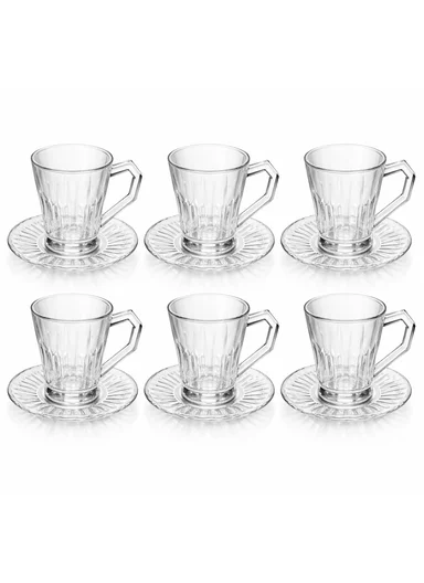 130ML 6Pcs Transparent Ribbed Glass Cups With Matching Saucer BD016 (D11 x H9)cm