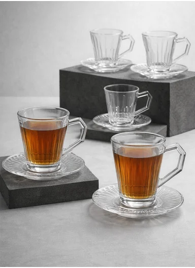 130ML 6Pcs Transparent Ribbed Glass Cups With Matching Saucer BD016 (D11 x H9)cm