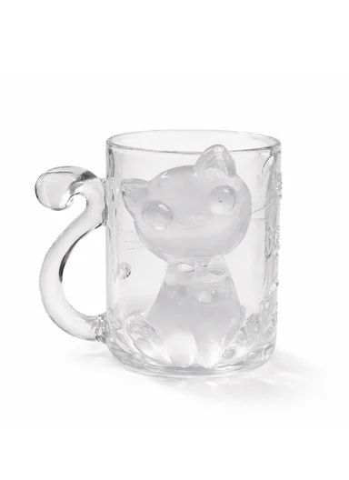 250ML Luxury Iridescent Cat-Design Glass Mug With Embossed Details (D8 x H9.5)cm W805 - Transparent