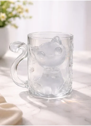 250ML Luxury Iridescent Cat-Design Glass Mug With Embossed Details (D8 x H9.5)cm W805 - Transparent