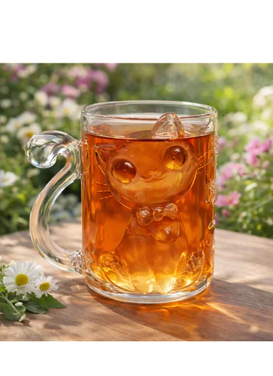 250ML Luxury Iridescent Cat-Design Glass Mug With Embossed Details (D8 x H9.5)cm W805 - Transparent