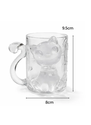 250ML Luxury Iridescent Cat-Design Glass Mug With Embossed Details (D8 x H9.5)cm W805 - Transparent