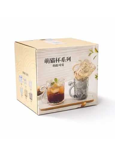 250ML Luxury Iridescent Cat-Design Glass Mug With Embossed Details (D8 x H9.5)cm W805 - Transparent