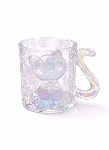 250ML Luxury Iridescent Cat-Design Glass Mug With Embossed Details (D8 x H9.5)cm W805 - Rainbow Color