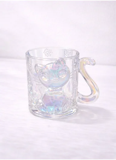 250ML Luxury Iridescent Cat-Design Glass Mug With Embossed Details (D8 x H9.5)cm W805 - Rainbow Color