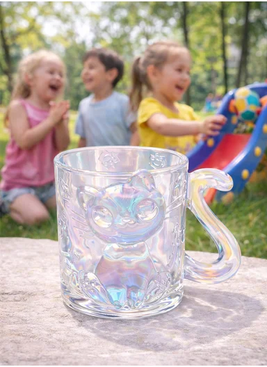 250ML Luxury Iridescent Cat-Design Glass Mug With Embossed Details (D8 x H9.5)cm W805 - Rainbow Color