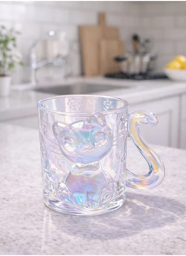 250ML Luxury Iridescent Cat-Design Glass Mug With Embossed Details (D8 x H9.5)cm W805 - Rainbow Color