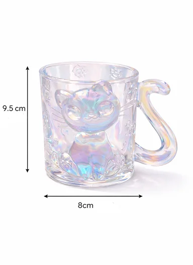250ML Luxury Iridescent Cat-Design Glass Mug With Embossed Details (D8 x H9.5)cm W805 - Rainbow Color
