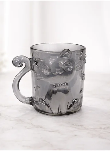 250ML Luxury Iridescent Cat-Design Glass Mug With Embossed Details (D8 x H9.5)cm W807Q - Grey