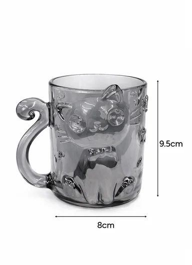 250ML Luxury Iridescent Cat-Design Glass Mug With Embossed Details (D8 x H9.5)cm W807Q - Grey