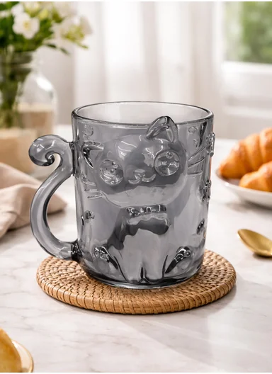 250ML Luxury Iridescent Cat-Design Glass Mug With Embossed Details (D8 x H9.5)cm W807Q - Grey