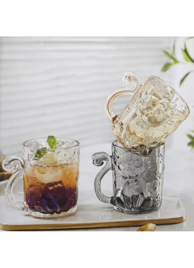 250ML Luxury Iridescent Cat-Design Glass Mug With Embossed Details (D8 x H9.5)cm W807Q - Grey