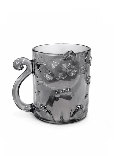250ML Luxury Iridescent Cat-Design Glass Mug With Embossed Details (D8 x H9.5)cm W807Q - Grey