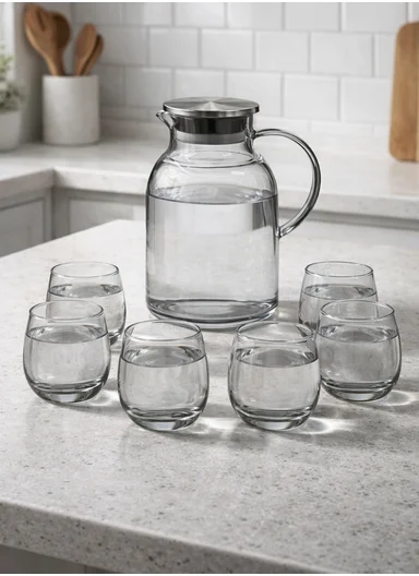 6 Pcs 350ml Luxurious Set Transparent Black Glass Cup With 2L Glass Jug DM001TH 