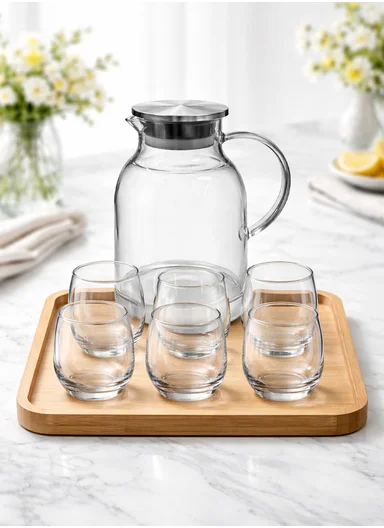 6 Pcs 350ml Luxurious Set Transparent Black Glass Cup With 2L Glass Jug DM001TH 