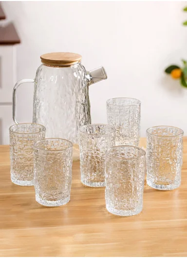 1800ML Luxury Textured Glass Cup &amp; Pot Set With Wooden Lid DM004TH