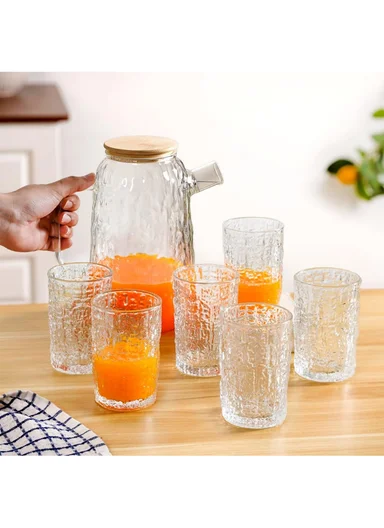 1800ML Luxury Textured Glass Cup &amp; Pot Set With Wooden Lid DM004TH