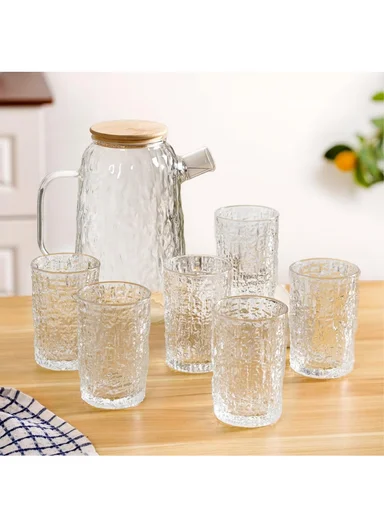 1800ML Luxury Textured Glass Cup &amp; Pot Set With Wooden Lid DM004TH