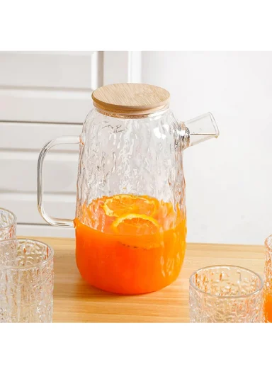 1800ML Luxury Textured Glass Cup &amp; Pot Set With Wooden Lid DM004TH