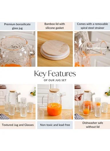 1800ML Luxury Textured Glass Cup &amp; Pot Set With Wooden Lid DM004TH