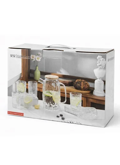 1800ML Luxury Textured Glass Cup &amp; Pot Set With Wooden Lid DM004TH